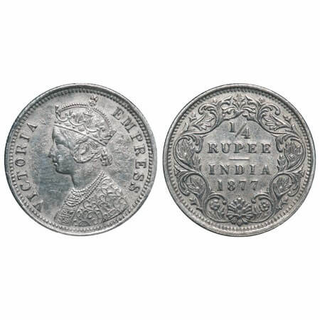 Victoria Empress, Silver, 1/4 Rupee, 1877, Bombay Mint, A/I, Dot. F. Prid 408. GK 670. Ext
