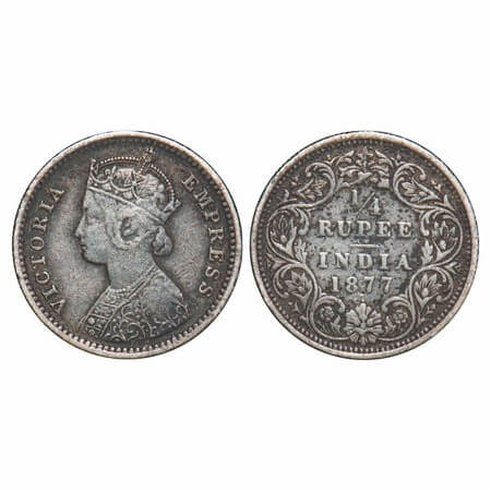 Victoria Empress, Silver, 1/4 Rupee, 1877, Bombay Mint, B/I, Dot. F. Prid 409. GK 671. Ver