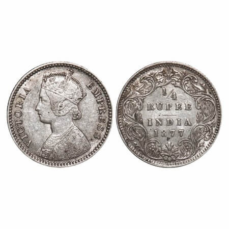 Victoria Empress, Silver, 1/4 Rupee, 1877, Calcutta Mint, B/I, No mint mark, No 'C'. F. Pr