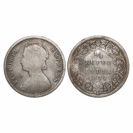 Victoria Empress, Silver, 1/4 Rupee, 1877, Calcutta Mint, B/I, No mint mark, No C. F. Prid