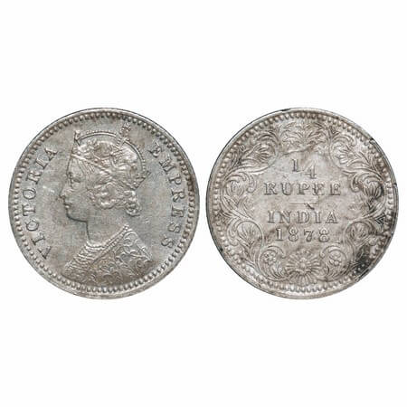 Victoria Empress, Silver, 1/4 Rupee, 1878, Calcutta Mint, C/II, No mint mark, No 'C'. F. P