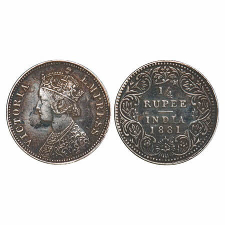 Victoria Empress, Silver, 1/4 Rupee, 1881, Bombay Mint, A/II, Dot. F. Prid 410. GK 676. Ex