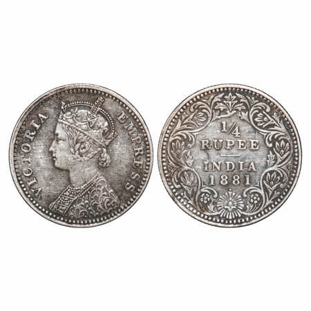 Victoria Queen, Silver, 1/4 Rupee, 1881, Bombay Mint, C/II, Dot. F. Prid Unlisted. GK 679.