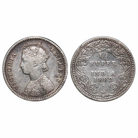 Victoria Empress, Silver, 1/4 Rupee, 1882, Bombay Mint, B/II, Dot. F. Prid 413. GK 682. Fi