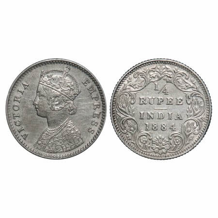Victoria Empress, Silver, 1/4 Rupee, 1884, Bombay Mint, C/I, 'B' raised. F. Prid 417. GK 6