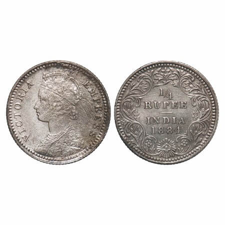 Victoria Empress, Silver, 1/4 Rupee, 1884, Calcutta Mint, C/II, 'C' incused, Ex mount abov