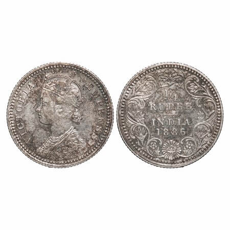 Victoria Empress, Silver, 1/4 Rupee, 1886, Calcutta Mint, C/II, 'C' incused. F. Prid 391. 