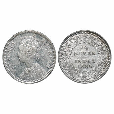 Victoria Empress, Silver, 1/4 Rupee, 1886, Calcutta Mint, C/II, 'C' incused. F. Prid 391. 