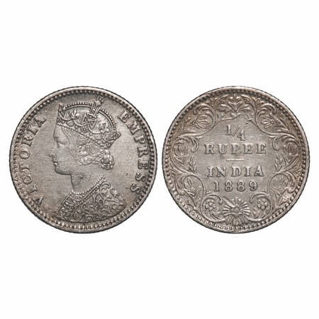 Victoria Empress, Silver, 1/4 Rupee, 1889, Bombay Mint, C(i)/II, 'B' incused. F. Prid 423.