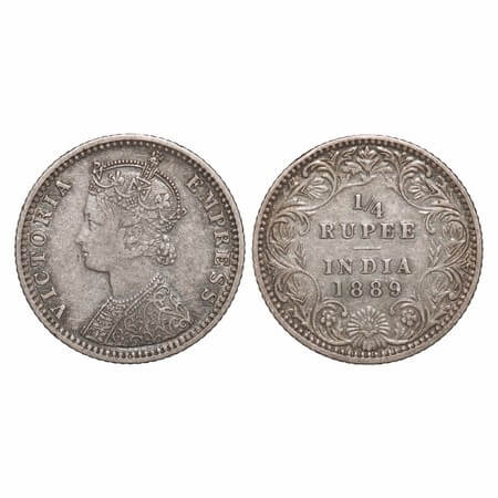 Victoria Empress, Silver, 1/4 Rupee, 1889, Bombay Mint, C(i)/II, 'B' incused. F. Prid 423.