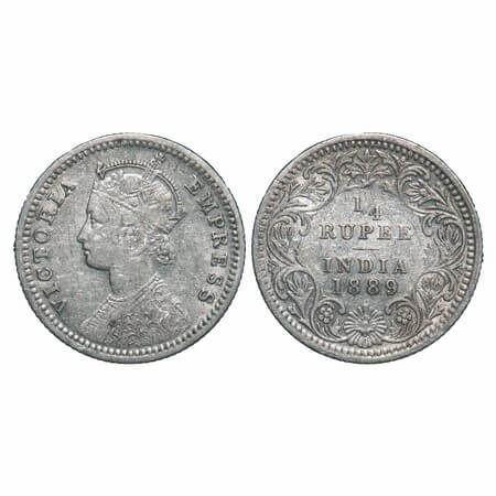 Victoria Empress, Silver, 1/4 Rupee, 1889, Calcutta Mint, C/II, 'C' incused. F. Prid 394. 