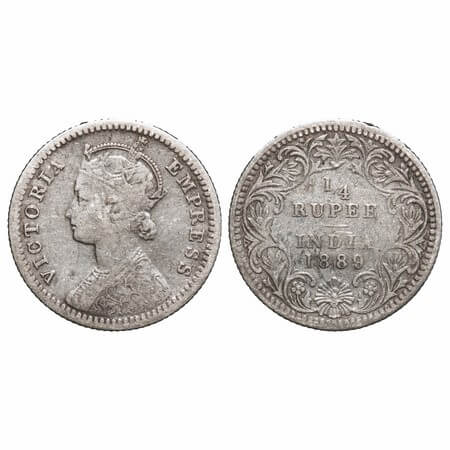 Victoria Empress, Silver, 1/4 Rupee, 1889, Calcutta Mint, C/II, 'C' incused. F. Prid 394.
