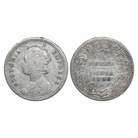 Victoria Empress, Silver, 1/4 Rupee, 1890, Calcutta Mint, C/II, 'C' incused. F. Prid 395. 