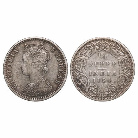 Victoria Empress, Silver, 1/4 Rupee, 1894, Bombay Mint, C(i)/I, 'B' incused. F. Prid 428. 