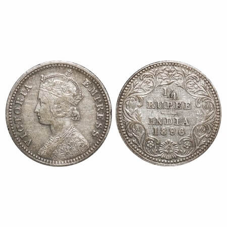Victoria Empress, Silver, 1/4 Rupee, 1896, Calcutta Mint, C/II, 'C' incused. F. Prid 400. 