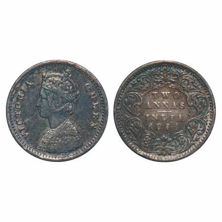Victoria Queen, Silver, 2 Annas, 1874, Bombay Mint, A/I, No mint mark, No dot. F. Prid Unl