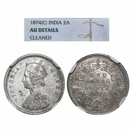 Victoria Queen, Silver, 2 Annas, 1874, Calcutta Mint, A/I, No mint mark. F. Prid 488. GK 7