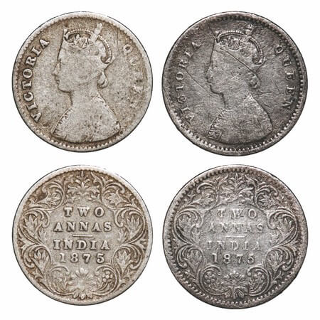 Victoria Queen, Silver, 2 Annas, (2 coins), 1875, 1) Bombay Mint, A/I, No mint mark, No do
