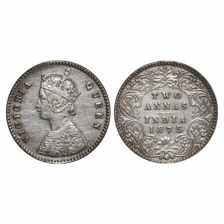 Victoria Queen, Silver, 2 Annas, 1875, Calcutta Mint, A/I, No mint mark. F. Prid 489. GK 7