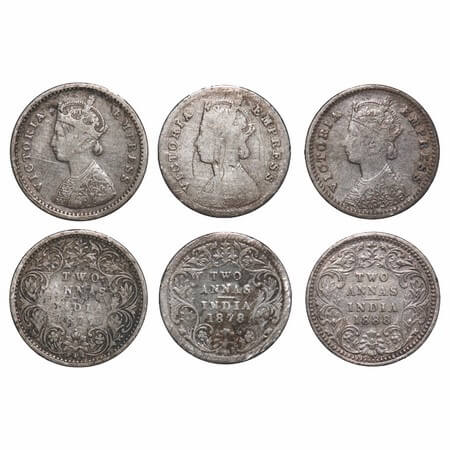 Victoria Empress, Silver, 2 Annas, (3 coins), 1) 1877, Bombay Mint, A/I, Dot, 2) 1878, Cal