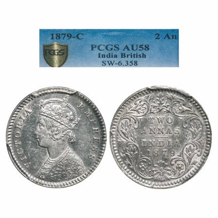 Victoria Empress, Silver, 2 Annas, 1879, Calcutta Mint, B/II, 'C' incused. F. Prid Unliste