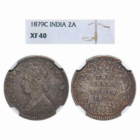 Victoria Empress, Silver, 2 Annas, 1879, Calcutta Mint, B/II, 'C" incused. F. Prid 494. GK