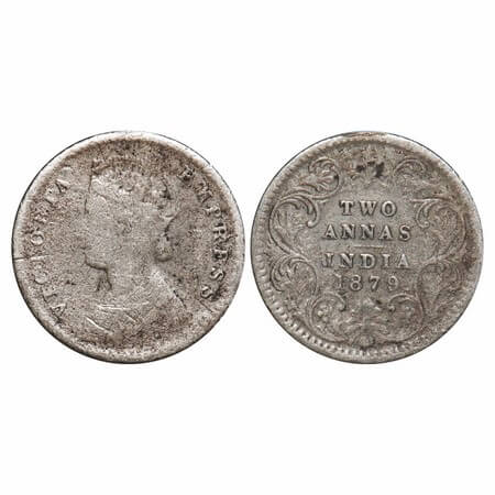 Victoria Empress, Silver, 2 Annas, 1879, Calcutta Mint, B/II, 'C' incused. F. Prid 494. GK