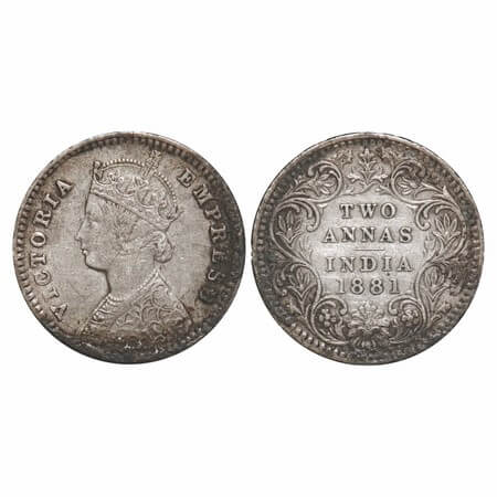 Victoria Empress, Silver, 2 Annas, 1881, Calcutta Mint, B/II, 'C" incused. F. Prid 496. GK