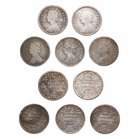 Victoria Empress, Silver, 2 Annas, (5 coins), 1882, 1883, 1886, 1894, 1901, Calcutta Mint,