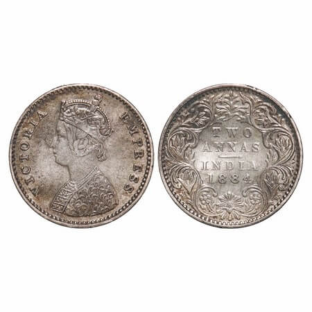 Victoria Empress, Silver, 2 Annas, 1884, Bombay Mint, A/I, No dot. F. Prid 531. GK 769. Ex