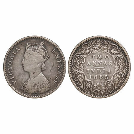 Victoria Empress, Silver, 2 Annas, 1885, Bombay Mint, A/I, No mint mark, No B. F. Prid 536