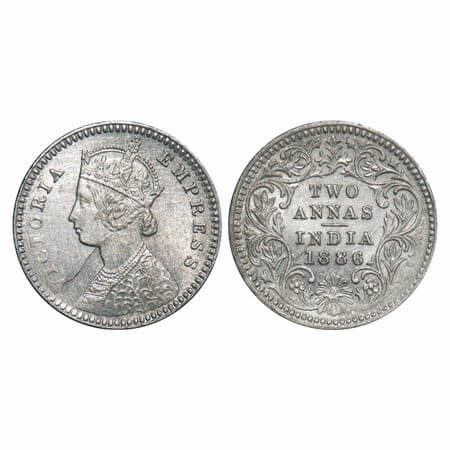 Victoria Empress, Silver, 2 Annas, 1886, Calcutta Mint, B/II, 'C' incused, Ghost on Rev, D