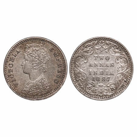 Victoria Empress, Silver, 2 Annas, 1887, Bombay Mint, B/II, 'B' incused, Ghost on Obv and 