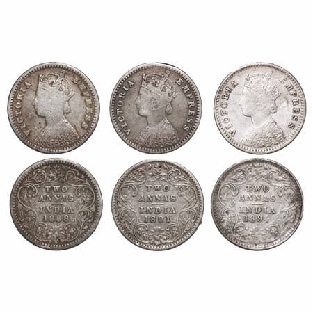 Victoria Empress, Silver, 2 Annas, (3 coins), 1888, 1891, 1894, Baombay Mint, B/II, 'B' in