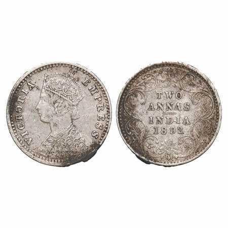 Victoria Empress, Silver, 2 Annas, 1892, Bombay Mint, B/II, 'B' incused. F. Prid 547. GK 7