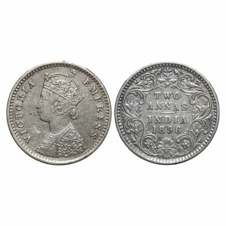 Victoria Empress, Silver, 2 Annas, 1896, Bombay Mint, B/II, 'B' incused. F. Prid 550. GK 8