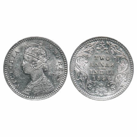Victoria Empress, Silver, 2 Annas, 1896, Calcutta Mint, B/II, 'C' incused. F. Prid 511. GK