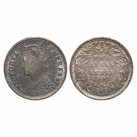 Victoria Empress, Silver, 2 Annas, 1897, Bombay Mint, B/II, 'B' incused. F. Prid 551. GK 8