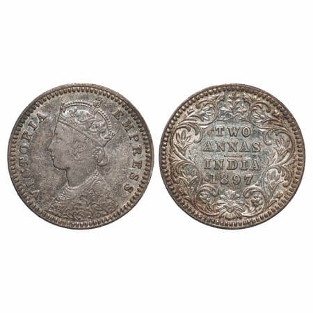 Victoria Empress, Silver, 2 Annas, 1897, Calcutta Mint, B/II, 'C' incused. F. Prid 512. GK