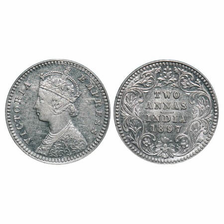 Victoria Empress, Silver, 2 Annas, 1897, Calcutta Mint, B/II, 'C' incused. F. Prid 512. GK