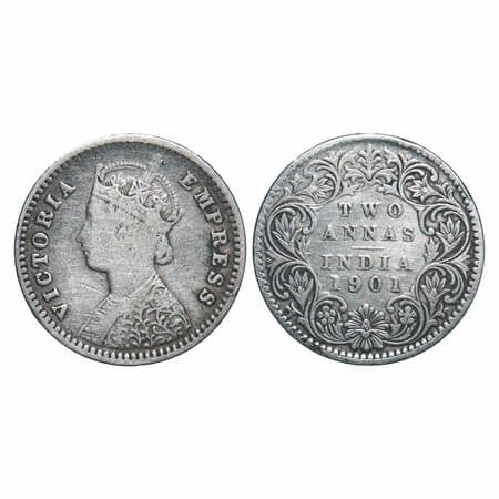 Victoria Empress, Silver, 2 Annas, 1901, Bombay Mint, B/I, 'B' raised. F. Prid 554. GK 815