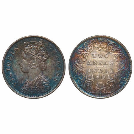 Victoria Empress, Silver, 2 Annas, 1901, Calcutta Mint, B/II, 'C' incused. F. Prid 515. GK