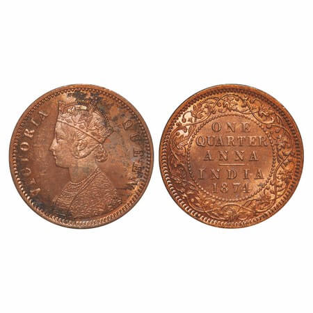 Victoria Queen, Copper, Quarter Anna, 1874, Calcutta Mint, B/II, No mint mark. F. Prid 608