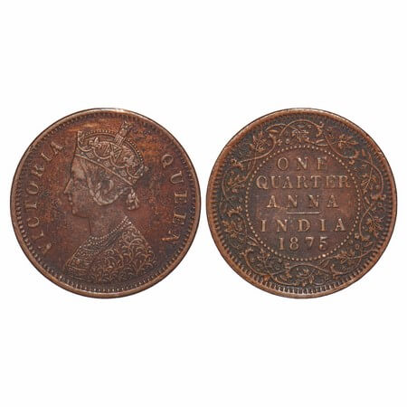 Victoria Queen, Copper, Quarter Anna, 1875, Calcutta Mint, B/II, No mint mark. F. Prid 609
