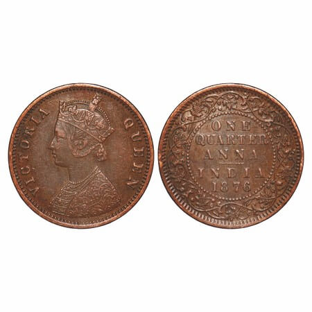 Victoria Queen, Copper, Quarter Anna, 1876, Calcutta Mint, B/II, No mint mark. F. Prid 610