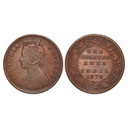 Victoria Empress, Copper, Quarter Anna, 1878, Calcutta Mint, B/II, No mint mark. F. Prid 6