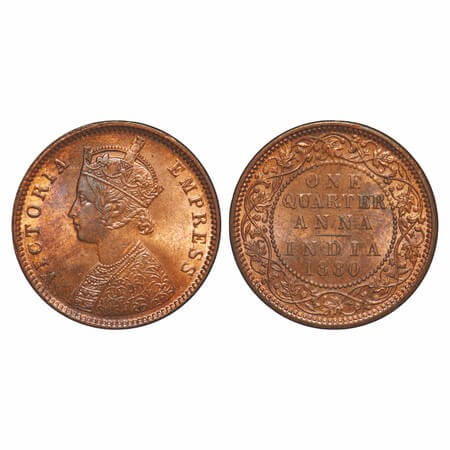 Victoria Empress, Copper, Quarter Anna, 1880, Calcutta Mint, B/II, 'C' incused. F. Prid 61