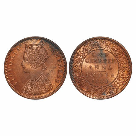 Victoria Empress, Copper, Quarter Anna, 1880, Calcutta Mint, B/II, 'C' incused, Die crack 
