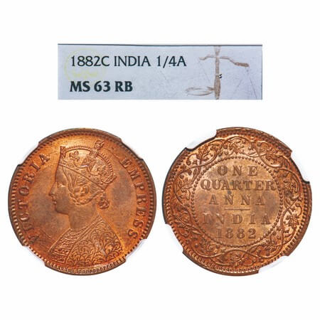 Victoria Empress, Copper, Quarter Anna, 1882, Calcutta Mint, B/II, 'C' incused. F. Prid 61