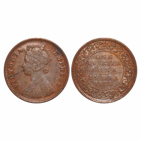 Victoria Empress, Copper, Quarter Anna, 1883, Bombay Mint, B/I, No mint mark. F. Prid 639.